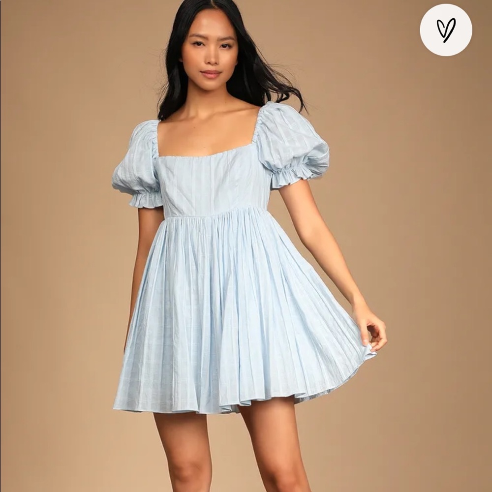 A Day in Paris light blue square neck puff sleeve babydoll dress